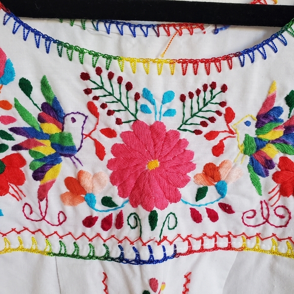 Vintage Mexican Colorful Rainbow Flower Embroider White Cotton Maxi House Dress - Picture 10 of 16